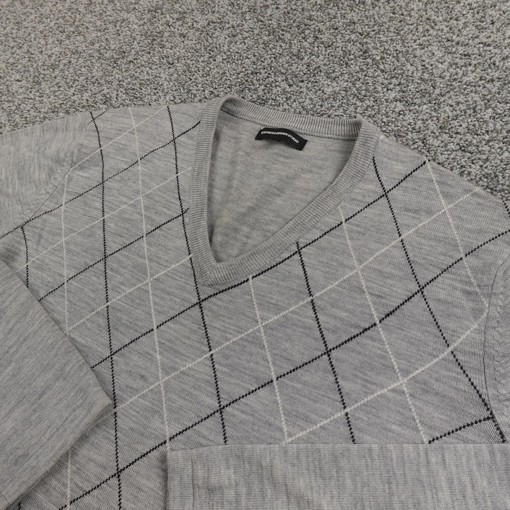 Express Sweater Mens XL Gray Merino Wool V Neck Argyle Pullover Academia Grandpa
